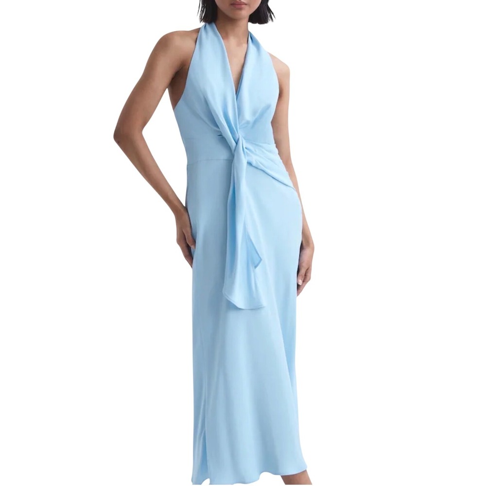 Reiss Dress Amber Drape Blue Halter Open Back Midi Size US 10 NEW